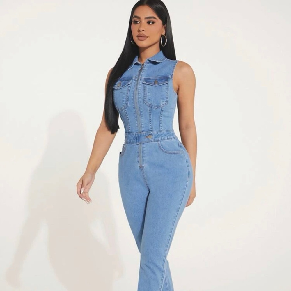 SHEIN SXY Zip Up Flap Pocket Denim Jumpsuit